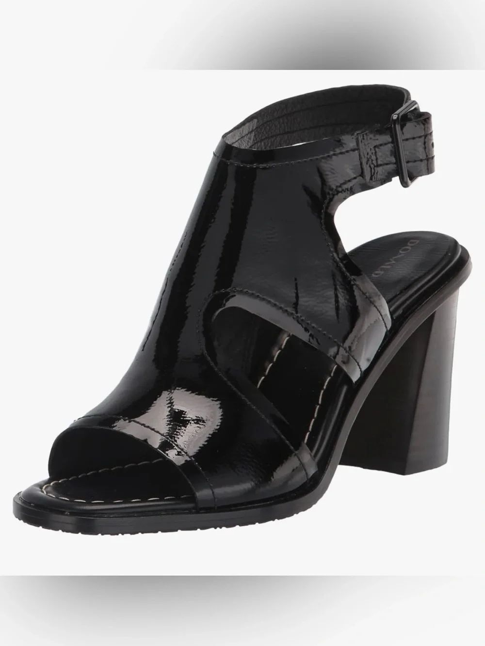 Donald J Pliner EMIKO Black Patent Leather Open Toe Block Heel Slingback Sandal